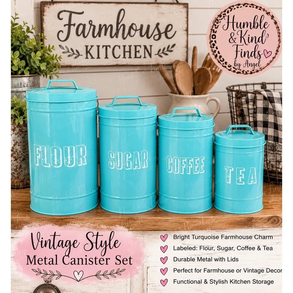 Turquoise Metal Farmhouse Canister Set Flour Sugar Coffee Tea 4 Piece